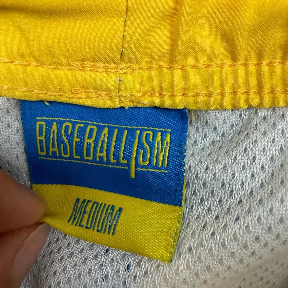 Baseballism Hot Dog Print Swim Trunks Mens Medium Blue Yellow Board Shorts